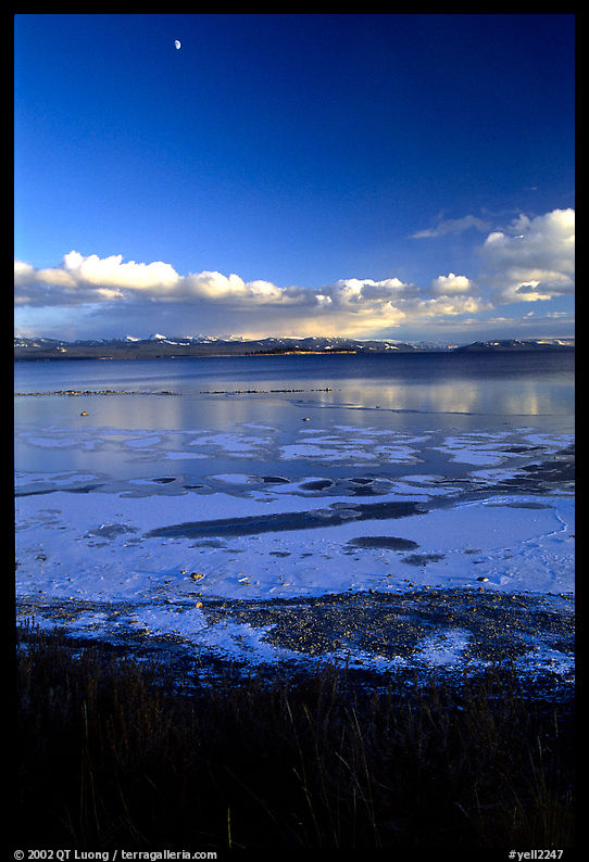 Yellowstone Lake with frozen shores, sunset. Yellowstone National Park