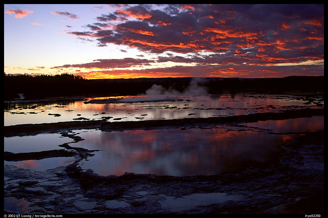 Great Fountain geyser and colorful clouds at sunset. Yellowstone National Park, Wyoming, USA.