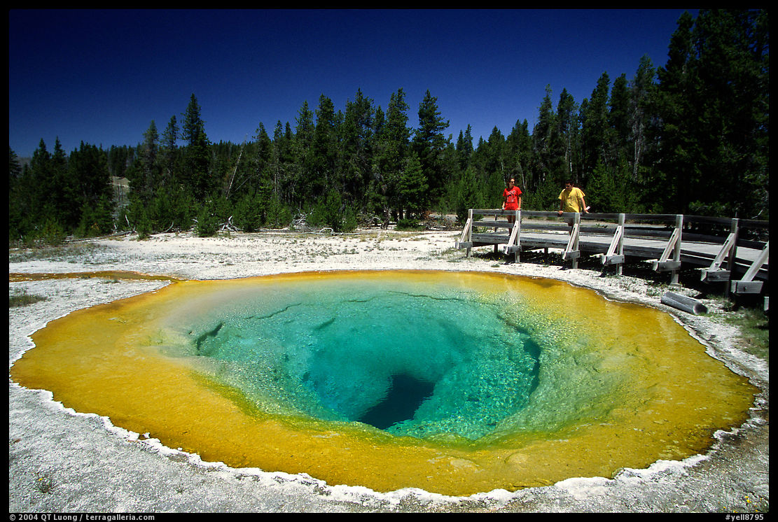 Morning Glory Pool with visitors. Yellowstone National Park, Wyoming, USA.