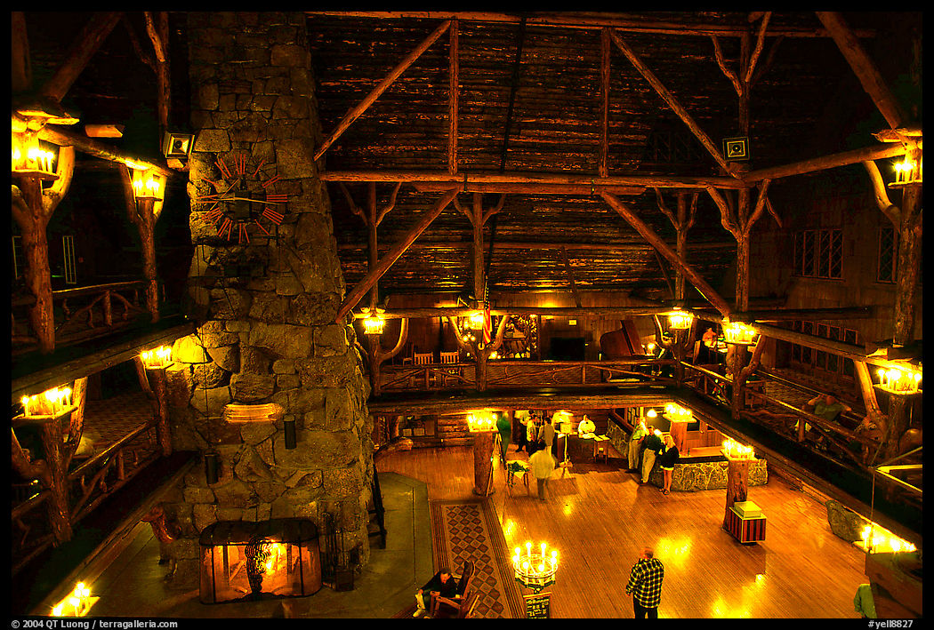 Main hall of Old Faithful Inn. Yellowstone National Park, Wyoming, USA.