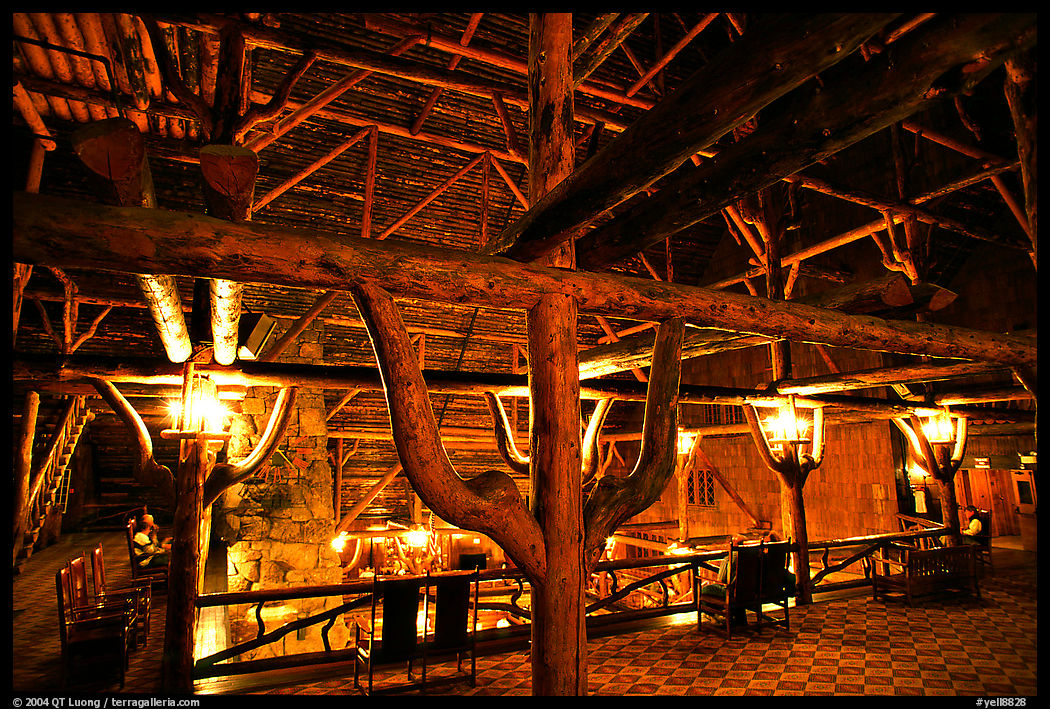 Wooden structures inside Old Faithful Inn. Yellowstone National Park