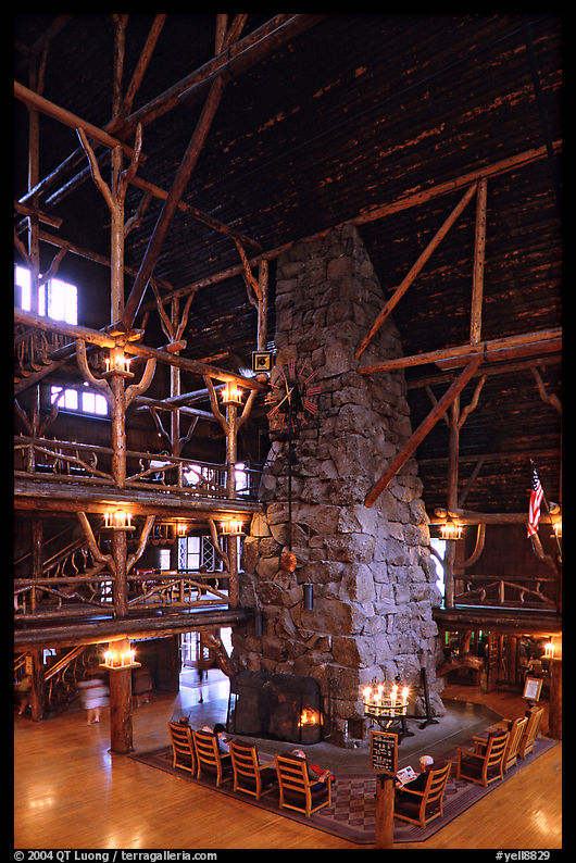 Chimney in main hall of Old Faithful Inn. Yellowstone National Park, Wyoming, USA.