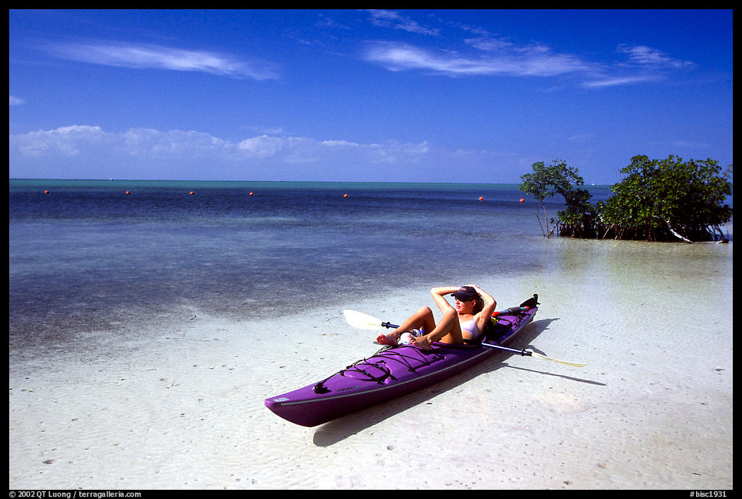 Kayaker relaxing on Elliott Key. Biscayne National Park, Florida, USA.