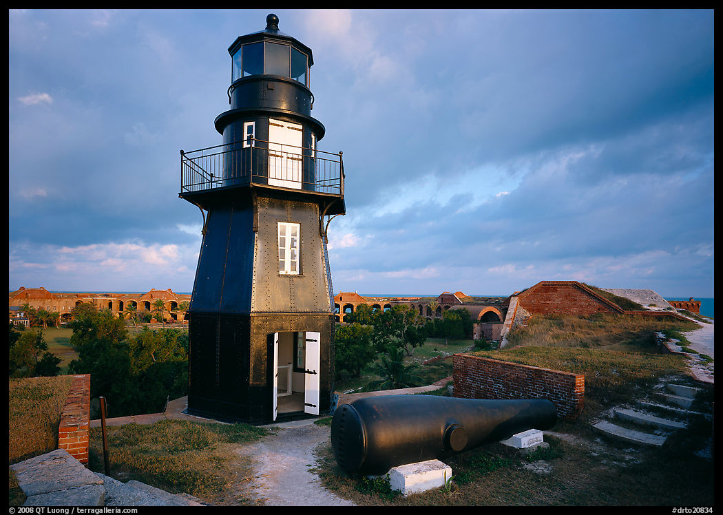 Lighthouse and cannon on upper level of Fort Jefferson. Dry Tortugas  National Park, Florida, USA.