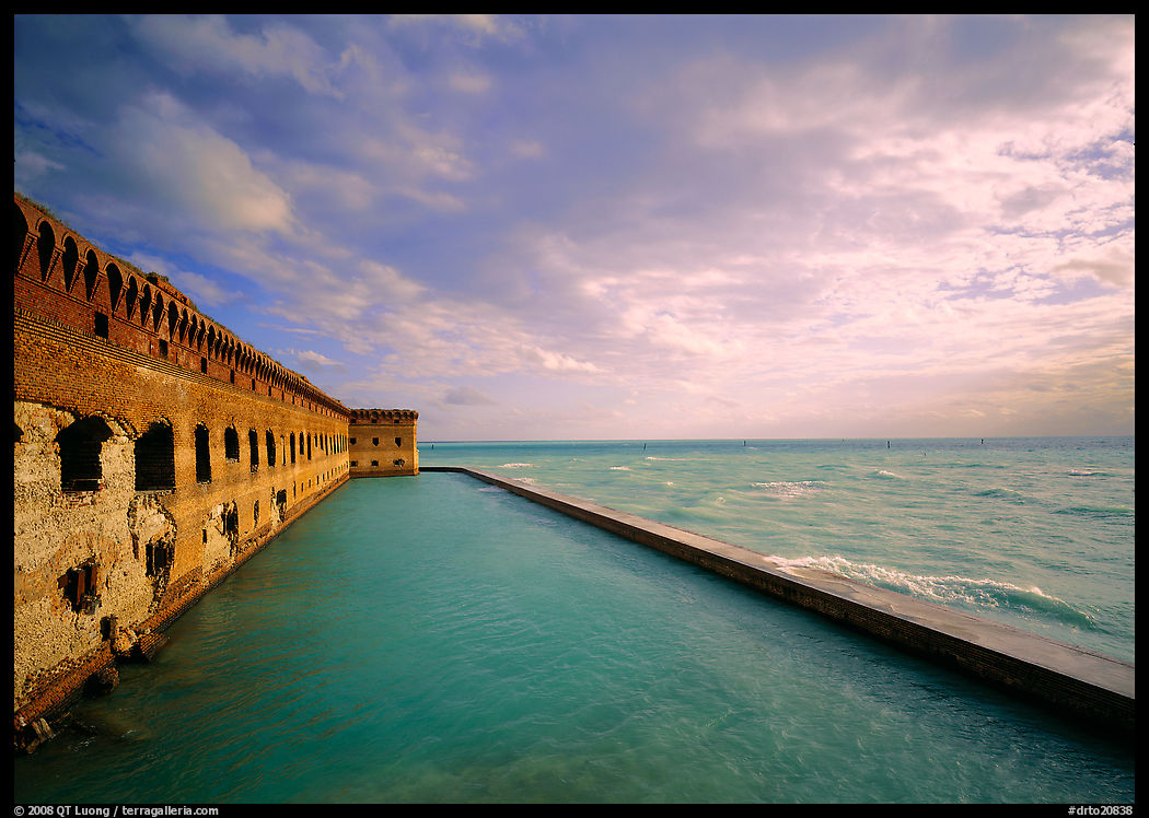 Fort Jefferson wall, moat and seawall, brighter late afternoon light. Dry Tortugas  National Park, Florida, USA.