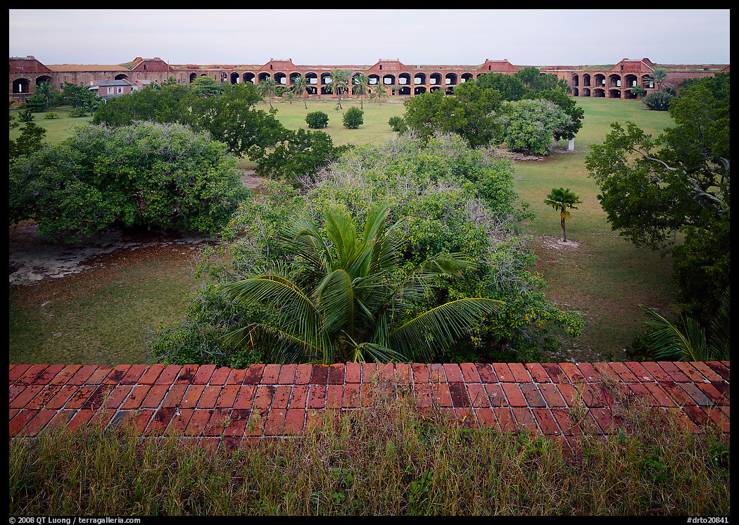 Courtyard of Fort Jefferson with lawn and trees. Dry Tortugas  National Park, Florida, USA.