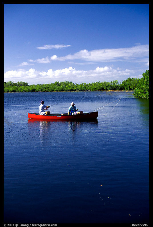 Fishing from a red canoe. Everglades  National Park, Florida, USA.