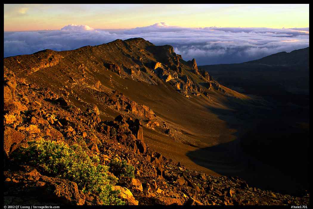 Haleakala crater from White Hill at sunrise. Haleakala National Park, Hawaii, USA.