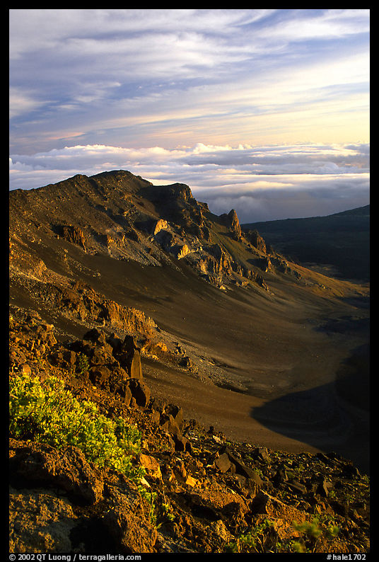 Crater rim and clouds  at sunrise. Haleakala National Park, Hawaii, USA.