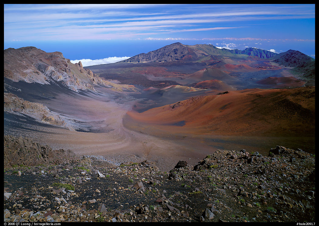 Colorful cinder in Haleakala crater seen from White Hill. Haleakala National Park, Hawaii, USA.