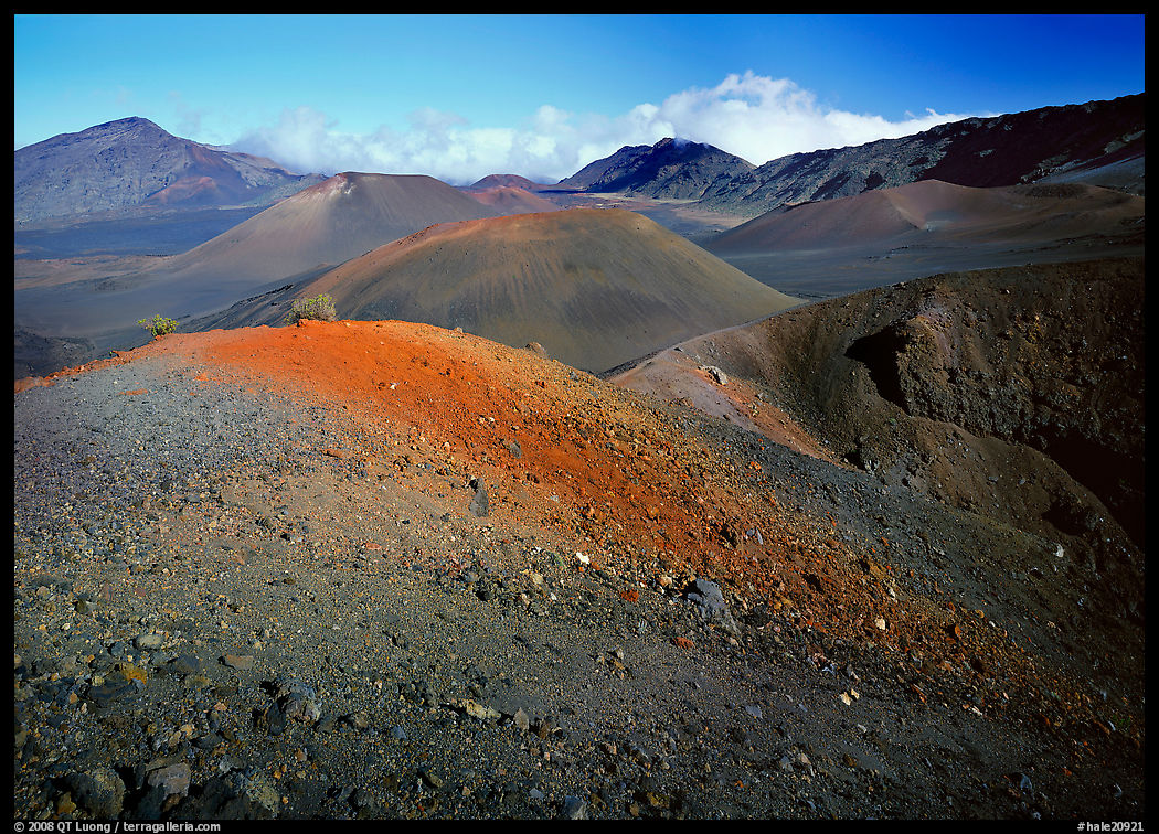 Brightly colored  cinder in Haleakala crater from Sliding sands trail. Haleakala National Park, Hawaii, USA.