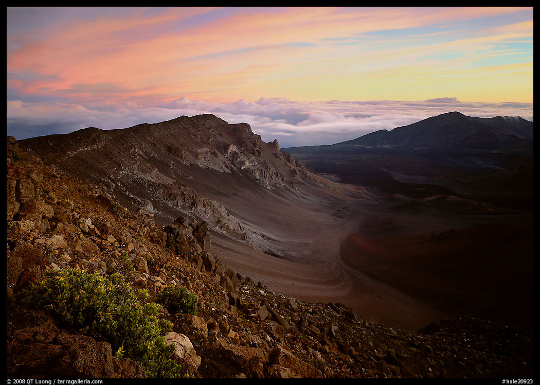 Haleakala crater and clouds at sunrise. Haleakala National Park, Hawaii, USA.
