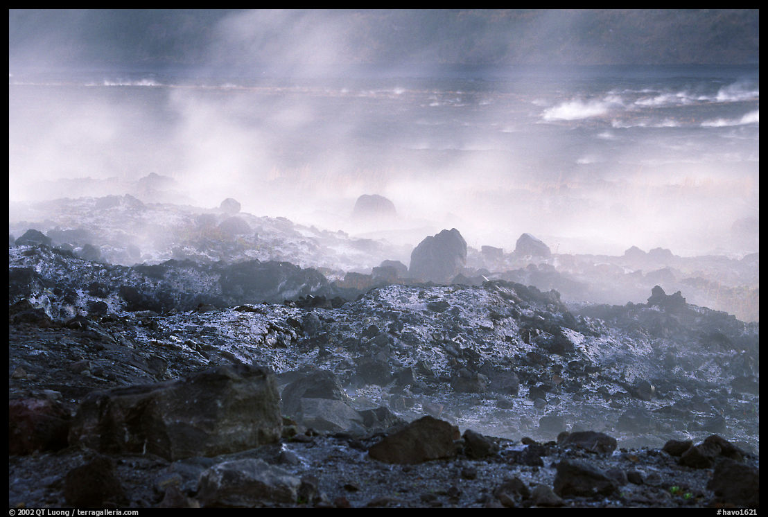 Fumeroles and hardened lava, early morning. Hawaii Volcanoes National Park, Hawaii, USA.