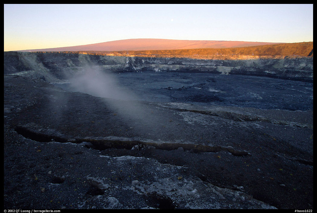 Halemaumau crater overlook and Mauna Loa, sunrise. Hawaii Volcanoes National Park, Hawaii, USA.
