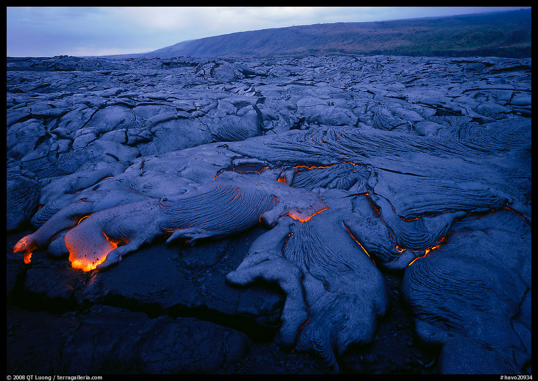 Field of live lava  at dusk near the end of Chain of Craters road. Hawaii Volcanoes National Park, Hawaii, USA.