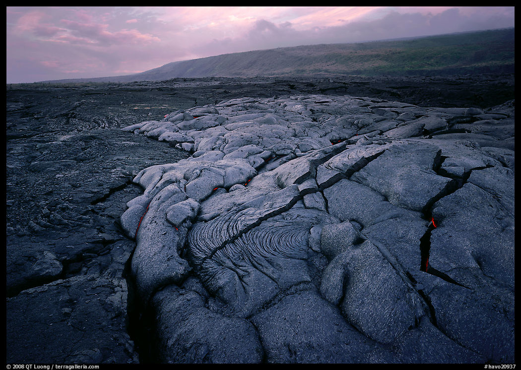 Fresh lava with cracks showing molten lava underneath. Hawaii Volcanoes National Park