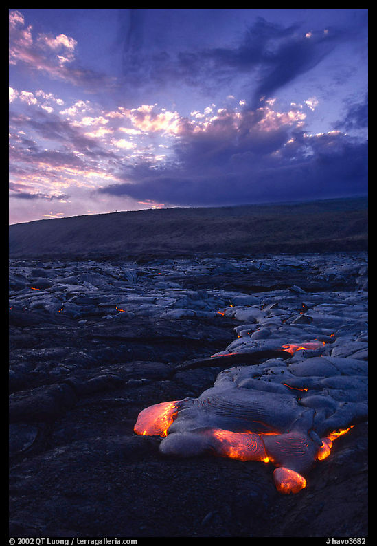 Live lava flow at sunset near the end of Chain of Craters road. Hawaii Volcanoes National Park
