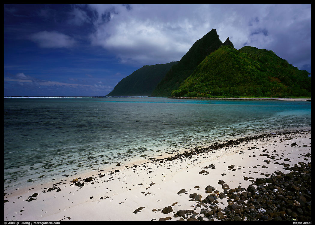 Sand beach and Ofu Island seen from Olosega. National Park of American Samoa