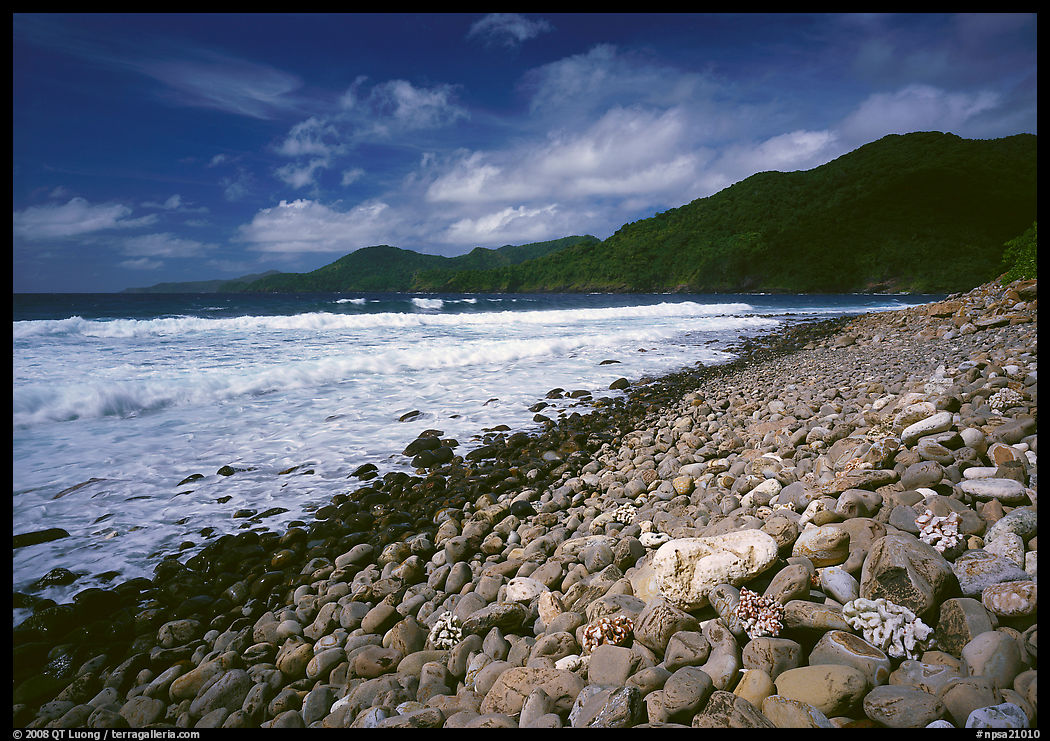Beached coral heads and Vatia Bay, mid-day, Tutuila Island. National Park of American Samoa