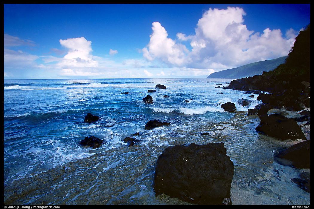 Black boulders and Siu Point coastline, Tau Island. National Park of American Samoa