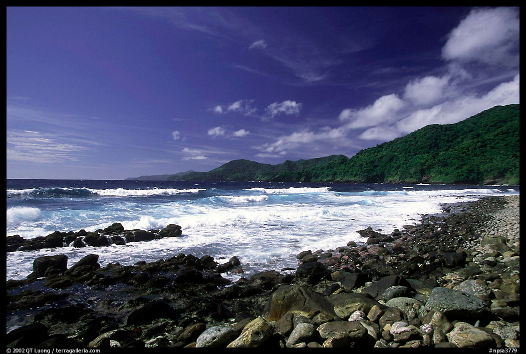 Peeble beach and Vatia Bay, mid-day, Tutuila Island. National Park of American Samoa