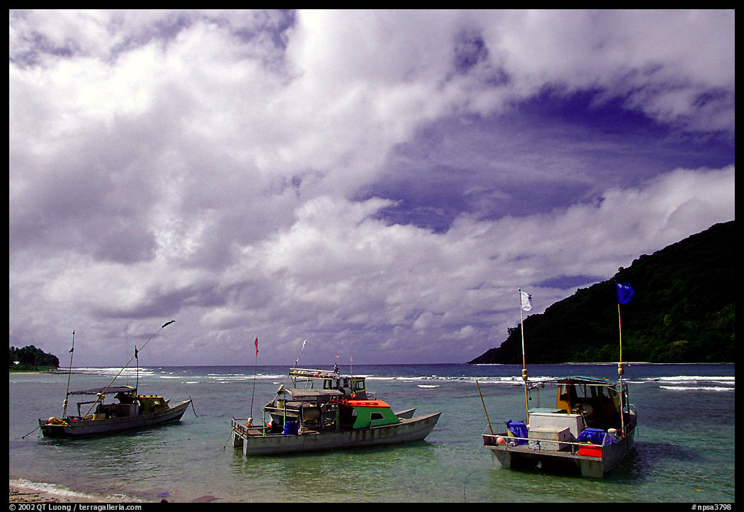 Fishing boats in Vatia Bay, Tutuila Island. National Park of American Samoa