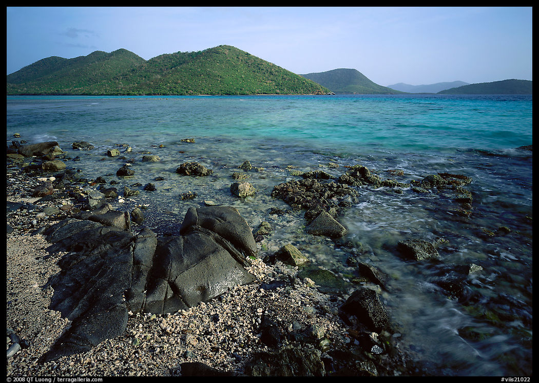 Rocks, reef, and Leinster Bay. Virgin Islands National Park, US Virgin Islands.