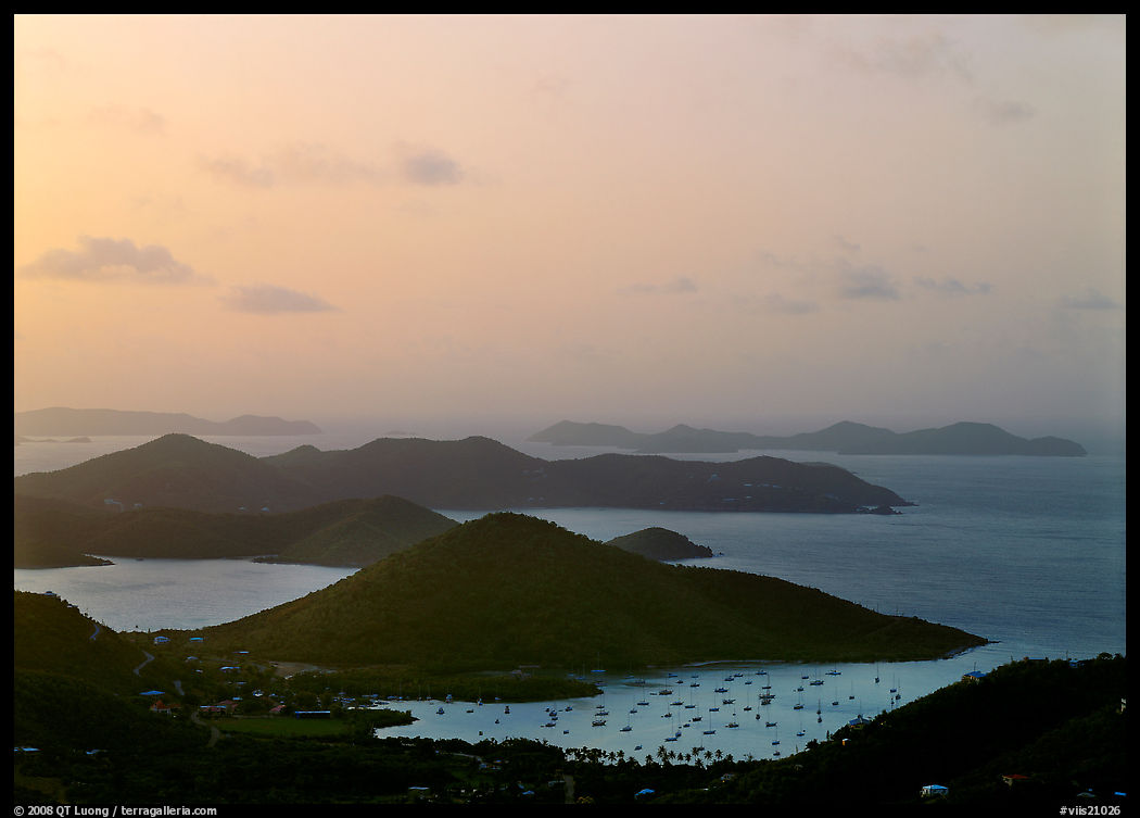 Hills, harbor and boats at sunrise, Coral bay. Virgin Islands National Park, US Virgin Islands.