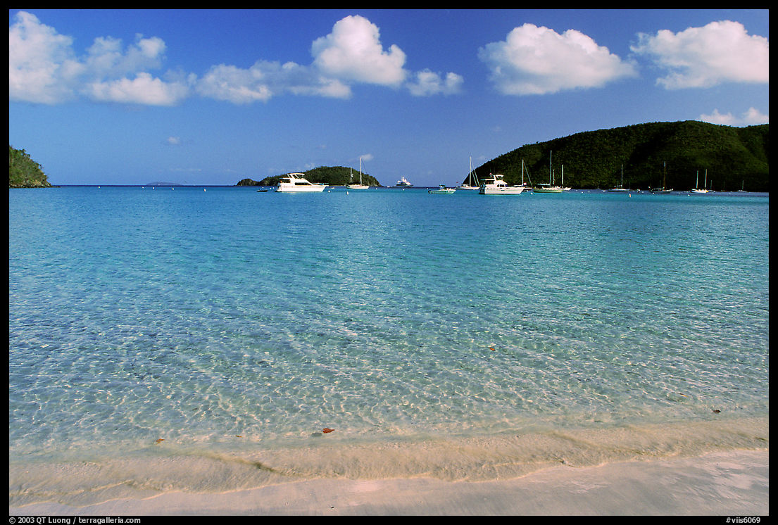 Beach and yachts, Maho Bay. Virgin Islands National Park, US Virgin Islands.