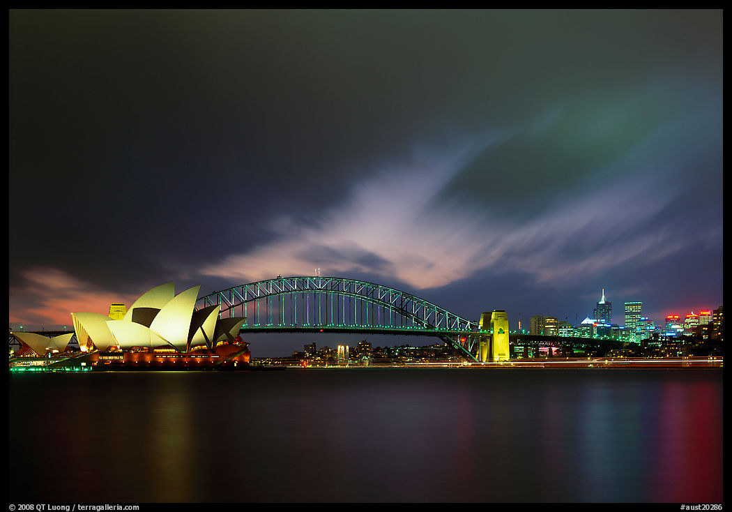 Opera House and Harbor Bridge at night. Sydney, New South Wales, Australia