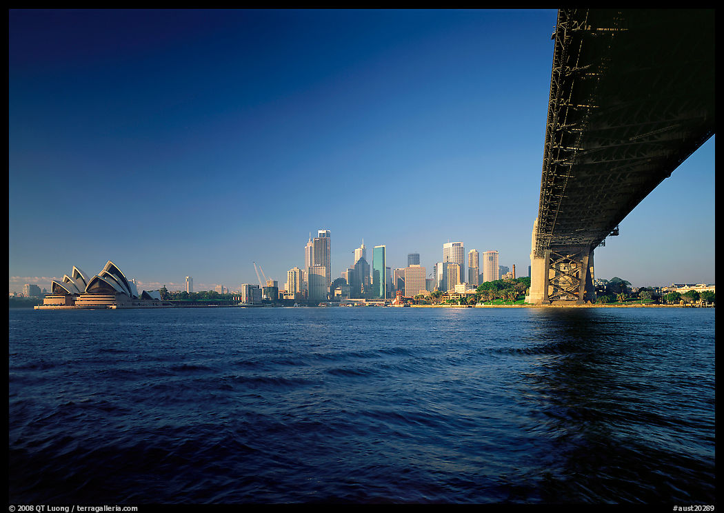 Harbor Bridge from below, skyline, and Opera House. Sydney, New South Wales, Australia