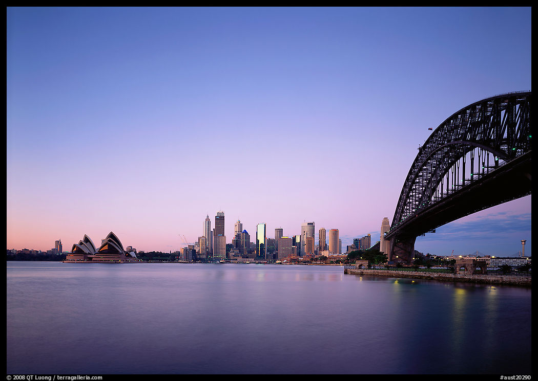 Harbor Bridge, skyline, and Opera House, dawn. Sydney, New South Wales, Australia