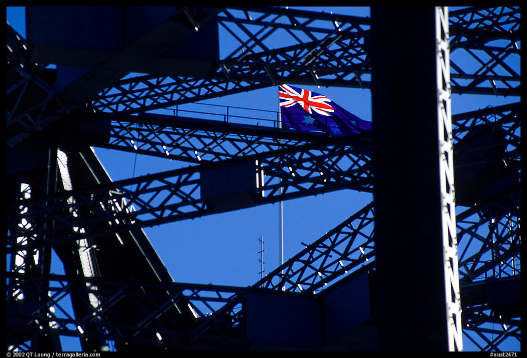 Harbour bridge detail with Australian flag. Sydney, New South Wales, Australia