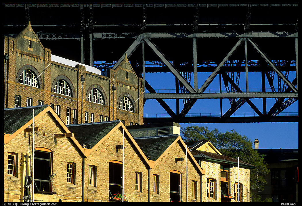 Colonial-era buildings of the Rocks and Harboor bridge. Sydney, New South Wales, Australia