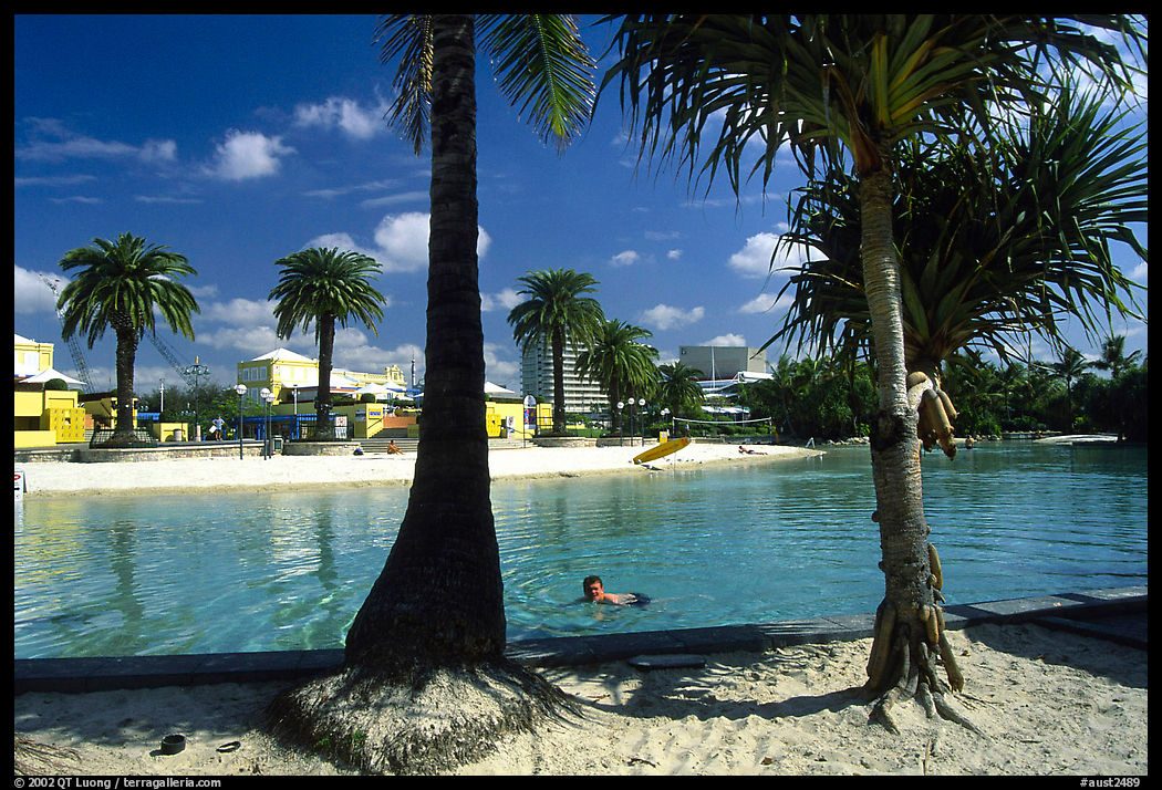 Artificial beach, complete with sand and palm trees. Brisbane, Queensland, Australia