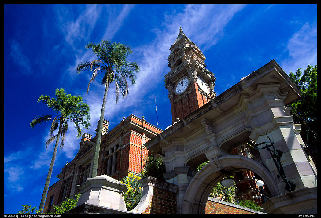 South Brisbane Town Hall, a red brick building with an ornate clock tower and archway. Brisbane, Queensland, Australia