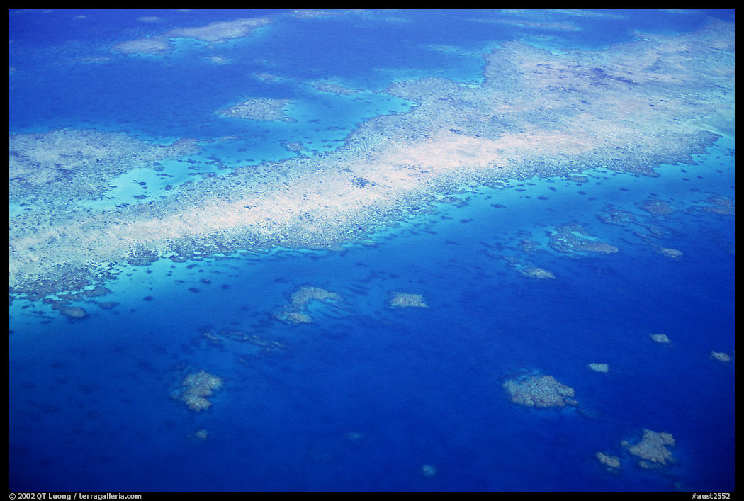 Aerial view of a sand bar and reef near Cairns. The Great Barrier Reef, Queensland, Australia