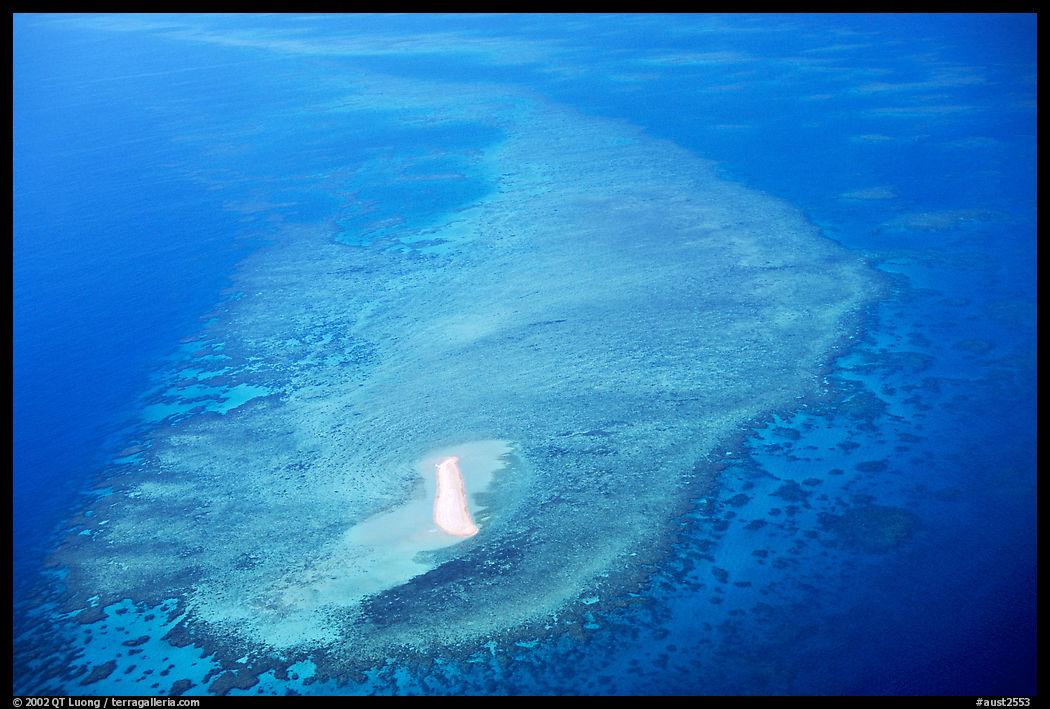 Aerial view of a sand bar and reef near Cairns. The Great Barrier Reef, Queensland, Australia