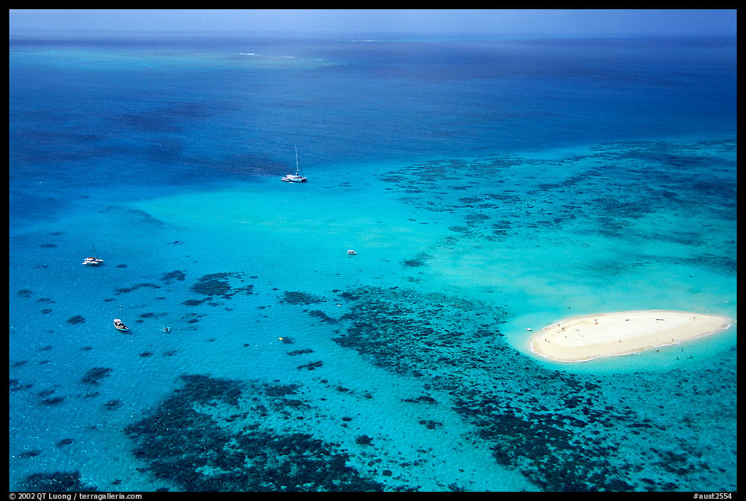 Aerial view of a reef and sand bar  near Cairns. The Great Barrier Reef, Queensland, Australia