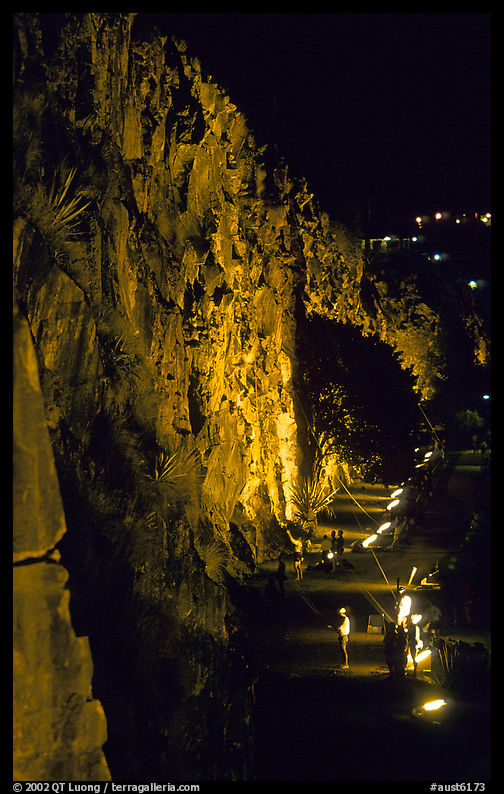 Rock climbing on the banks of the Brisbane River at night. Brisbane, Queensland, Australia