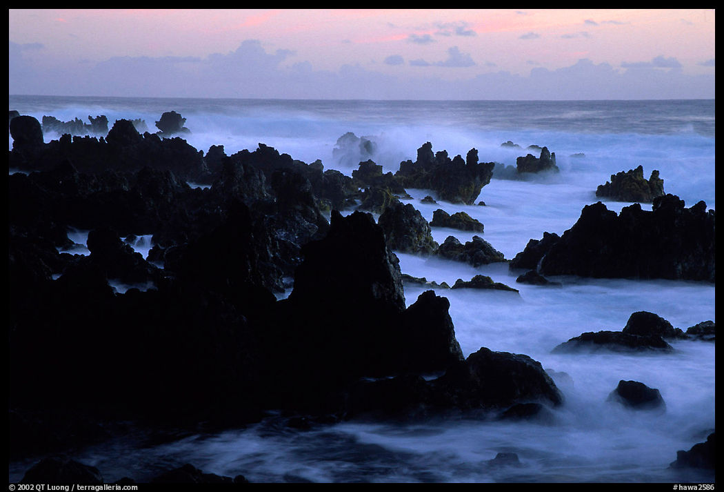 Rocks and surf, dawn, Keanae Peninsula. Maui, Hawaii, USA