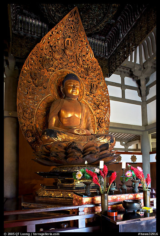 Amida seated on a lotus flower, the largest Buddha statue carved in over 900 years, Byodo-In Temple. Oahu island, Hawaii, USA