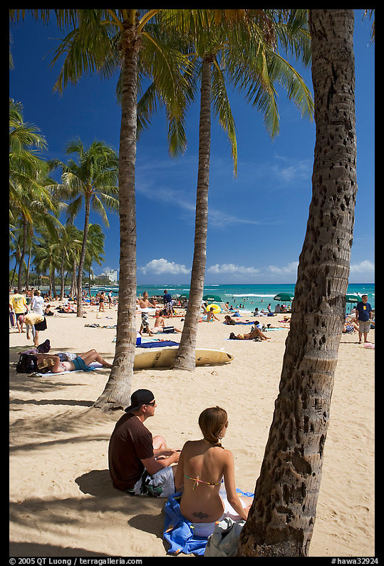 Couple under palm trees on Waikiki beach. Waikiki, Honolulu, Oahu island, Hawaii, USA