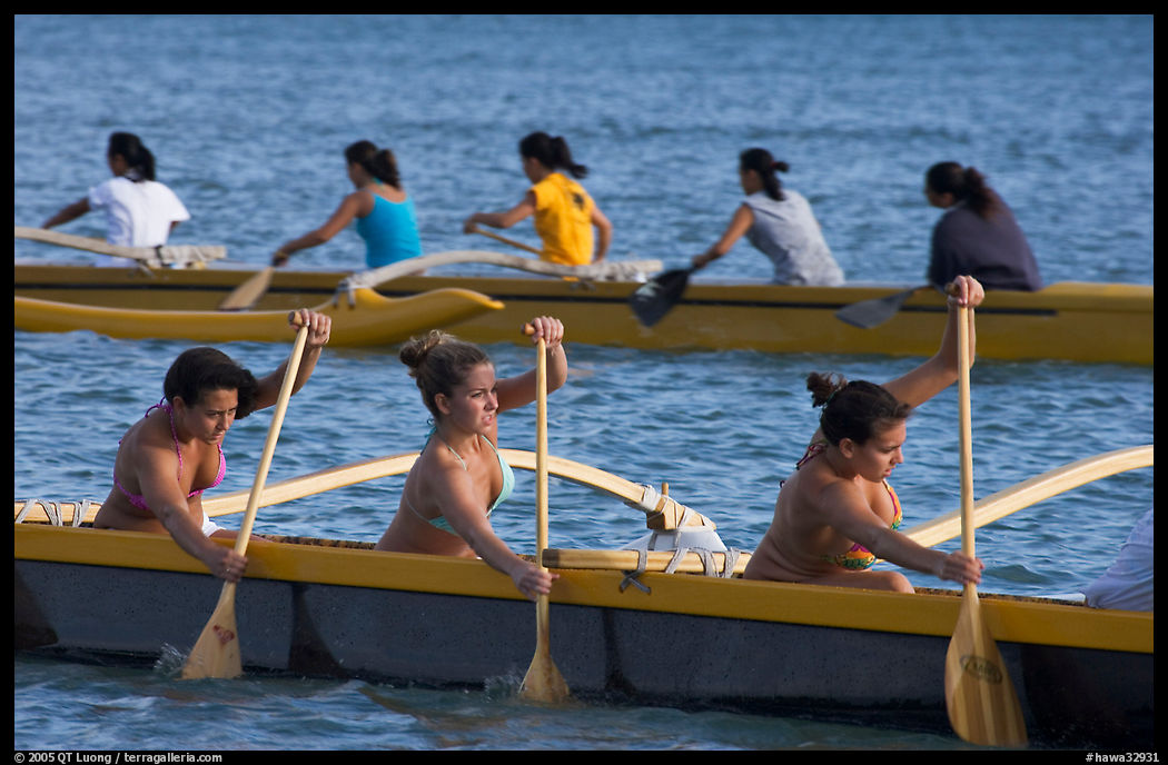 Outriggers canoes during late afternoon practice, Maunalua Bay. Oahu island, Hawaii, USA