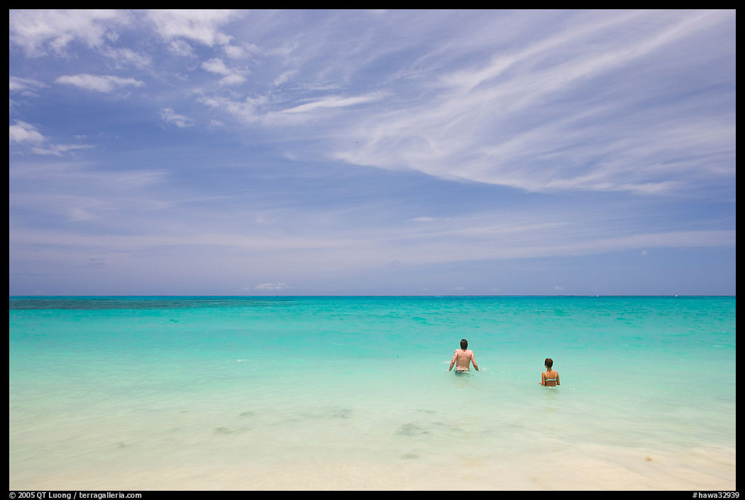 Bathers in the water, Waimanalo Beach. Oahu island, Hawaii, USA