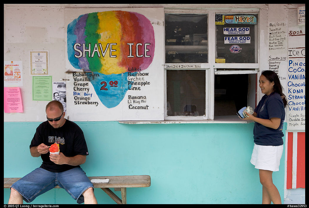 Shave ice store with man sitting eating and woman ordering, Waimanalo. Oahu island, Hawaii, USA
