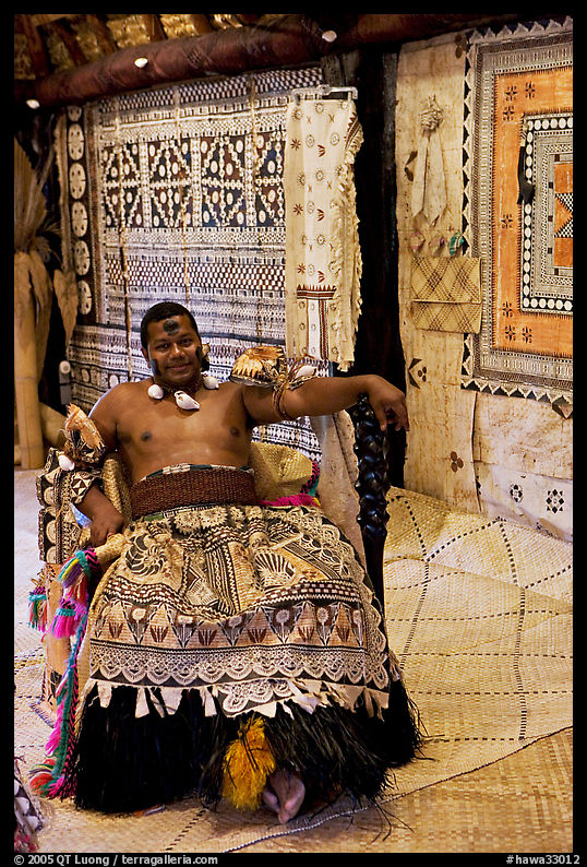Fiji tribal chief inside vale levu (chief) house. Polynesian Cultural Center, Oahu island, Hawaii, USA