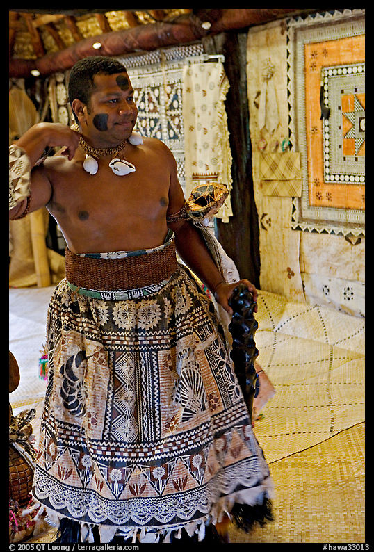 Fiji tribal chief inside vale levu house. Polynesian Cultural Center, Oahu island, Hawaii, USA