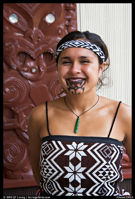 Maori woman with facial tatoo. Polynesian Cultural Center, Oahu island, Hawaii, USA