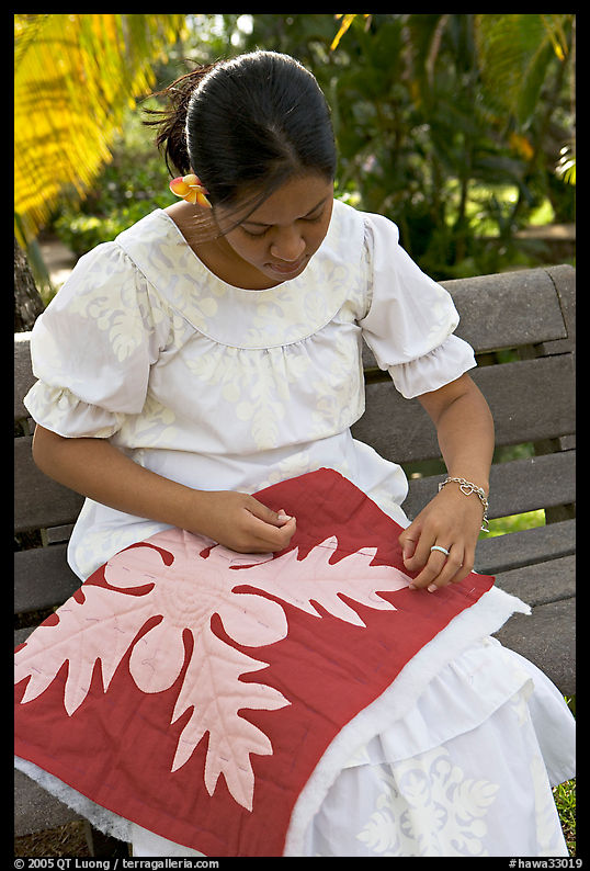 Woman quilting. Polynesian Cultural Center, Oahu island, Hawaii, USA
